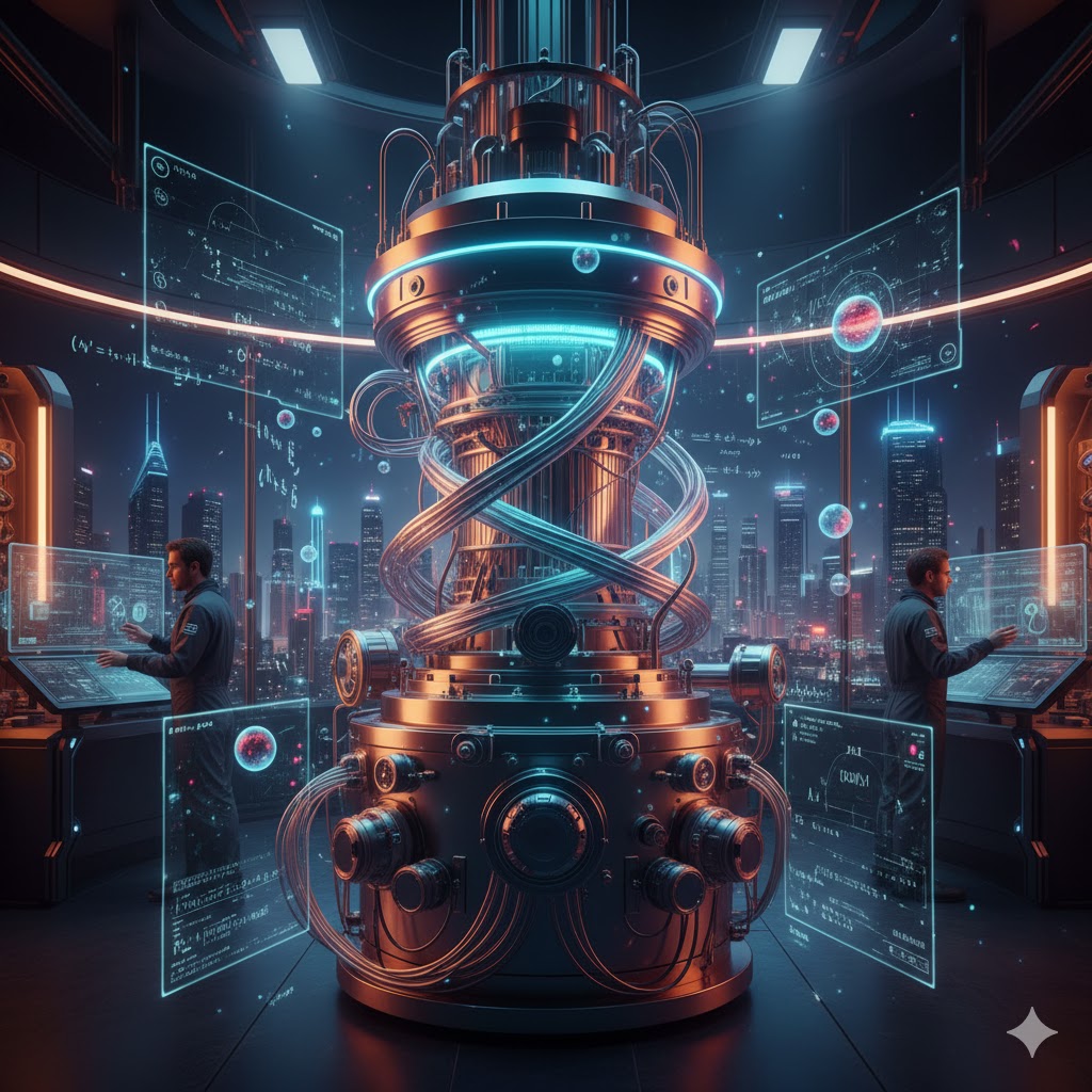 A futuristic representation of quantum computing, featuring a complex network of quantum circuits and glowing particles, symbolizing advanced technology and innovation in the field of quantum mechanics. The image conveys a sense of excitement and potential in the realm of computing.